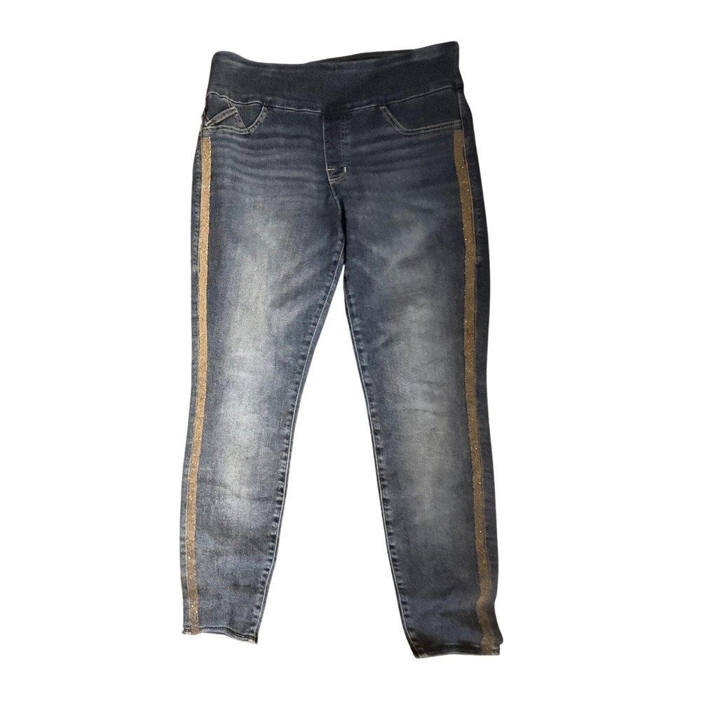 Rock & Republic Fever Pull On Jeans Womens 14 Blue Gold Glitter Side Stripe